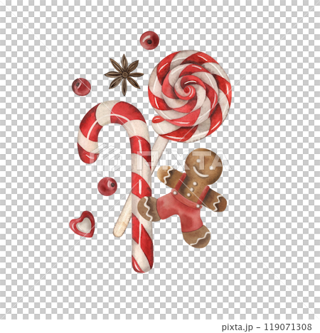 Christmas lollipops, candies, gingerbread, anise. Hand-drawn watercolor illustration on a white background in red, white, brown shades. For Christmas packaging design, printing, cards, invitations 119071308
