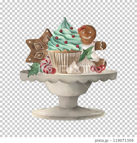Ceramic stand vase with cupcake, sweets, gingerbread, meringue, lollipops, holly berries. Hand-drawn watercolor illustration in white, red, green shades. For Christmas, New Year packaging design Ceramic stand vase with cupcake, sweets, gingerbread, meringue, lollipops, holly berries. Hand-drawn watercolor illustration in white, red, green shades. For Christmas, New Year packaging design 119071309