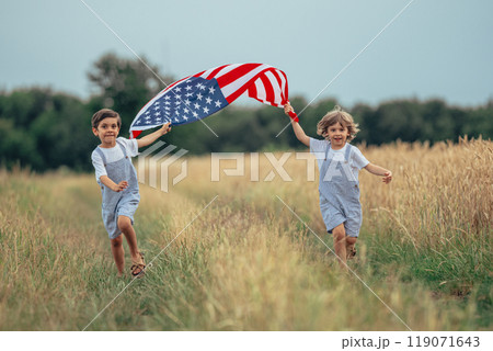 Little Boys American Patriots Kids Runs With National Flag Summer. USA, 4th July 119071643