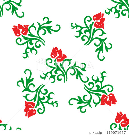 Islamic tulip, floral geometry. Tatar seamless pattern. Culture of the Tatar people, symbols of green and red. 119071657