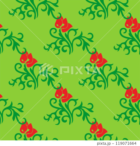 Islamic tulip, floral geometry. Tatar seamless pattern. Culture of the Tatar people, symbols of green and red. 119071664