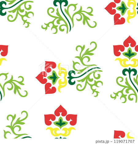 Islamic tulip, floral geometry. Tatar seamless pattern. Culture of the Tatar people, symbols of green and red. 119071707