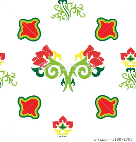 Islamic tulip, floral geometry. Tatar seamless pattern. Culture of the Tatar people, symbols of green and red. 119071709
