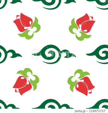 Islamic tulip, floral geometry. Tatar seamless pattern. Culture of the Tatar people, symbols of green and red. 119071737