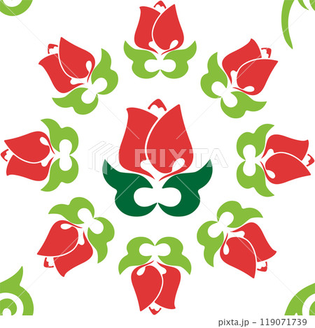 Islamic tulip, floral geometry. Tatar seamless pattern. Culture of the Tatar people, symbols of green and red. 119071739