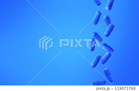 Blue capsules falling, blue background, medical visual concept, copy space Blue capsules falling, blue background, medical visual concept, copy space 119071768