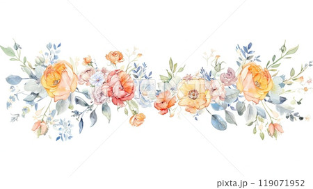 A stunning arrangement of watercolor flowers blooms vibrantly, showcasing various colors and types including roses and peonies, set against a clean white backdrop. 119071952