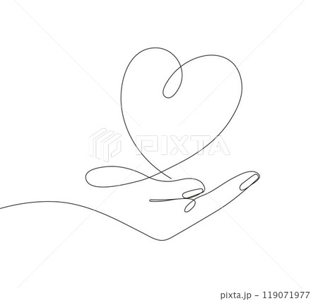 continuous line drawing of a hand with a heart in the center, symbolizing charity, kindness, and support. continuous line drawing of a hand with a heart in the center, symbolizing charity, kindness, and support. 119071977