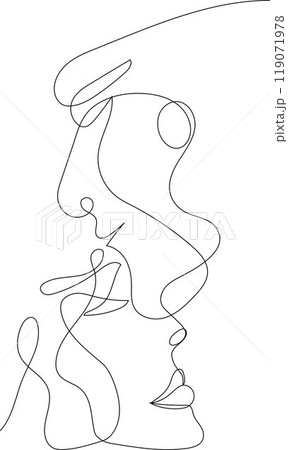Continuous line drawing of a man and woman in profile, symbolizing a romantic couple. Continuous line drawing of a man and woman in profile, symbolizing a romantic couple. 119071978