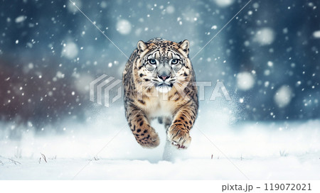 雪の中を駆け抜けるヒョウ 119072021