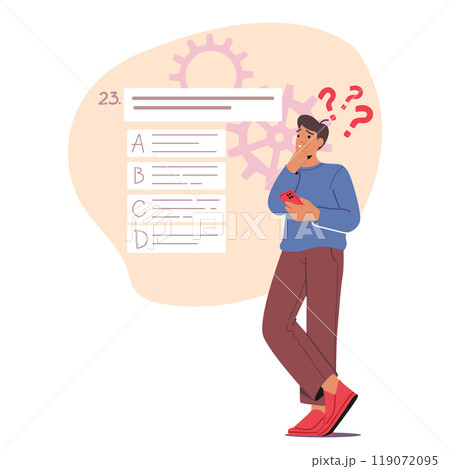 Student Character Confused During An Online Exam While Holding A Smartphone. Multiple Choice Questions Are Displayed 119072095