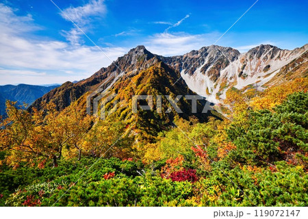 紅葉の北アルプスの穂高連峰 119072147