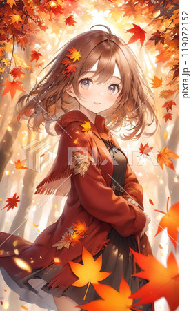 紅葉の葉っぱが舞う日本の秋の自然風景を背景に、笑顔がかわいい若い女性が振り向くイラスト 119072152