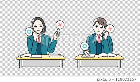 Illustration of male and female high school students giving a round or cross card Illustration of male and female high school students giving a round or cross card 119072157
