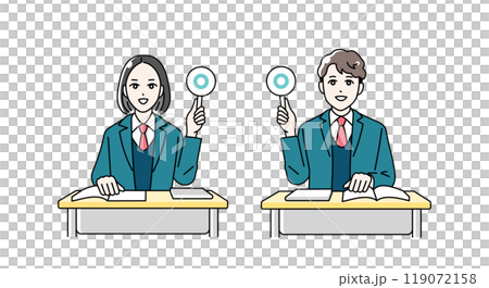 Illustration of male and female high school students giving a round or cross card Illustration of male and female high school students giving a round or cross card 119072158