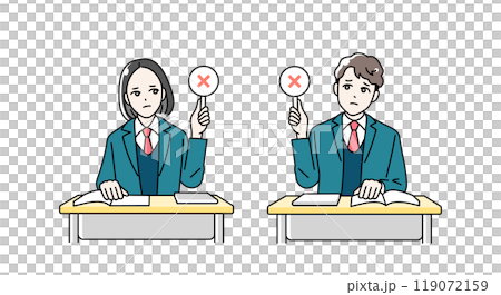 Illustration of male and female high school students giving a round or cross card 119072159