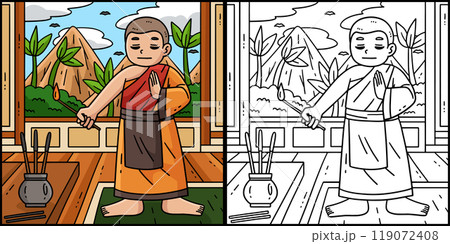 Buddhism Monk Lighting Prayer Incense Illustration Buddhism Monk Lighting Prayer Incense Illustration 119072408