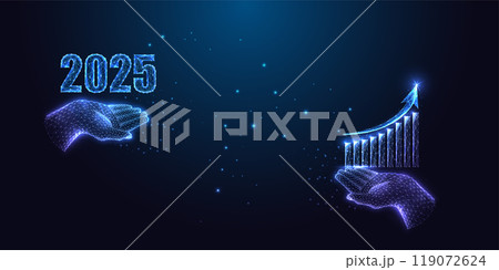 2025 New Year business growth plan, investment goals with hands holding 2025 digits and growth chart 119072624