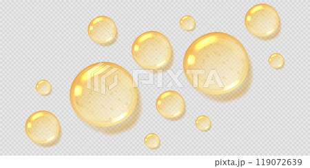 Oil drops, yellow serum with bubbles, transparent honey droplets top view, realistic glossy liquid 119072639