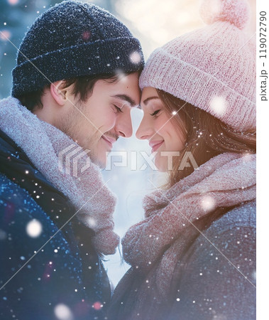 Romantic Couple Embracing in Cozy Winter Wear Amidst Gentle Snowfall 119072790