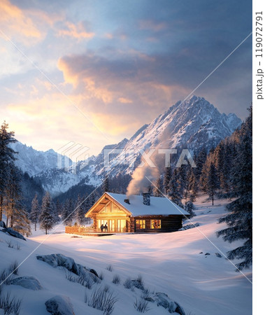 Cozy Winter Chalet Retreat with Mountain Views and Evening Snowfall Setting 119072791