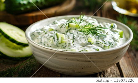 Fresh Homemade Tzatziki Sauce in Ceramic Bowl with Cucumbers and Dill for Perfect Summer Snacks and Mediterranean Cuisine 119073226