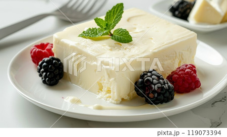 Fresh and Creamy Mascarpone Cheese with Berries and Mint on White Plate for Gourmet Dessert 119073394