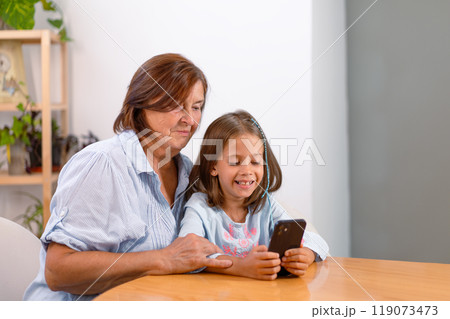 Happy granddaughter and grandmother using Happy granddaughter and grandmother using 119073473