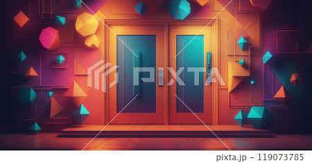 Graphic representation of an entrance door or passageway in neon colors in an illustrative style 119073785