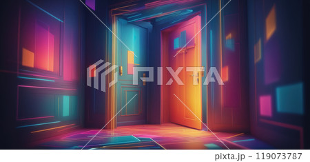 Graphic representation of an entrance door or passageway in neon colors in an illustrative style Graphic representation of an entrance door or passageway in neon colors in an illustrative style 119073787