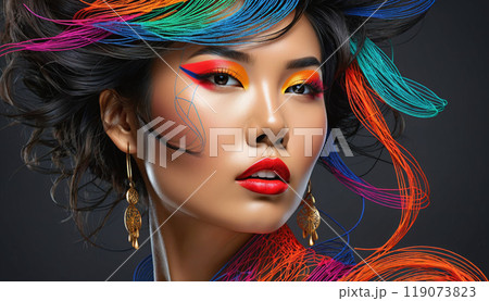 Conceptual representation of the head of a woman or fashion model with very colorful makeup, graphic objects and lines in an illustrative style - ai generated 119073823