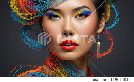 Conceptual representation of the head of a woman or fashion model with very colorful makeup, graphic objects and lines in an illustrative style - ai generated 119073831