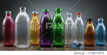 Colored and used plastic bottles that are reprocessed or recycled after use into other items, raw material recovery for environmental protection and energy saving 119073973