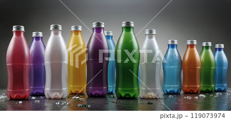 Colored and used plastic bottles that are reprocessed or recycled after use into other items, raw material recovery for environmental protection and energy saving 119073974