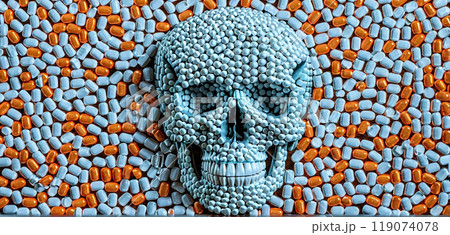 Conceptual visualization of a skull made of drugs, tablets and capsules, deadly consequences of drug abuse, opioid crisis 119074078