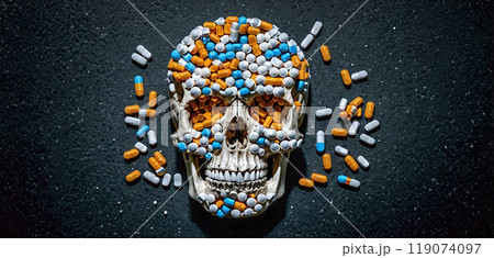 Conceptual visualization of a skull made of drugs, tablets and capsules, deadly consequences of drug abuse, opioid crisis Conceptual visualization of a skull made of drugs, tablets and capsules, deadly consequences of drug abuse, opioid crisis 119074097