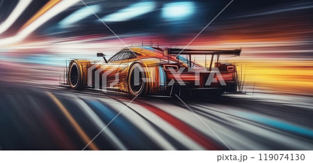Graphic, colorful and very dynamic drawing of a racing car on the race track 119074130