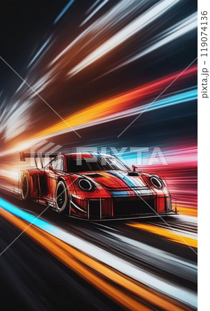 Graphic, colorful and very dynamic drawing of a racing car on the race track 119074136