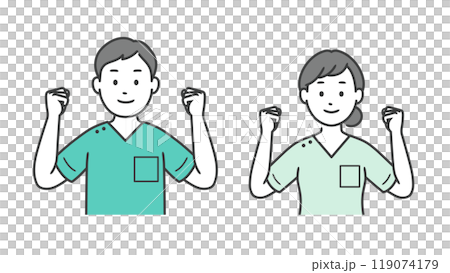 Upper body illustration of a male and female dentist posing with both hands 119074179