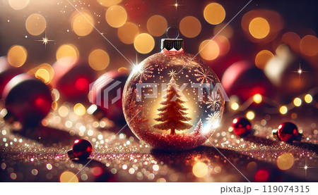 クリスマス背景素材； オーナメントに映るクリスマスツリー　赤系 119074315