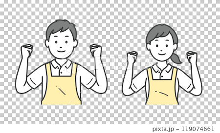Upper body illustration of male and female caregivers making a fist pump with both hands Upper body illustration of male and female caregivers making a fist pump with both hands 119074661