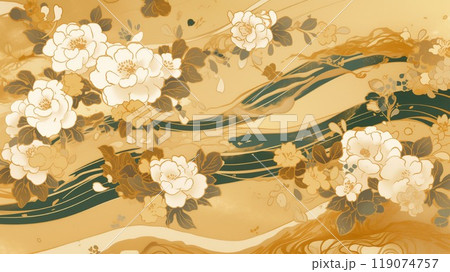 優雅な白い花と金色の川が流れる和風デザイン - 日本伝統模様の美しい