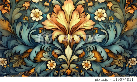 青とゴールドのエレガントなクラシックフラワーパターン 青とゴールドのエレガントなクラシックフラワーパターン 119074811