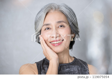 グレイヘアのシニア女性の美容やビューティーのイメージ カメラ目線 グレイヘアのシニア女性の美容やビューティーのイメージ カメラ目線 119075054