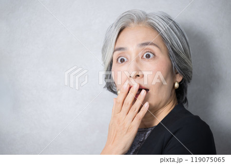 スーツを着たグレイヘアのシニア女性の社長の様なイメージ　手を当てて驚く 119075065