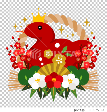 三連椿、巳年年賀状アイコン、しめ飾り、赤蛇、かわいい、イラスト 119075164