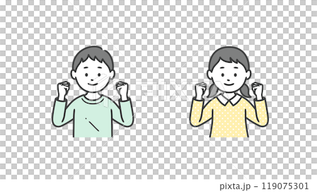 Upper body illustration of a boy and girl posing with both hands 119075301