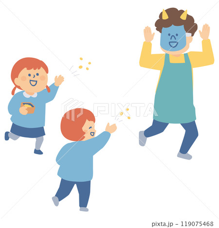 豆まきをする子供と鬼役の先生の節分イラスト 119075468