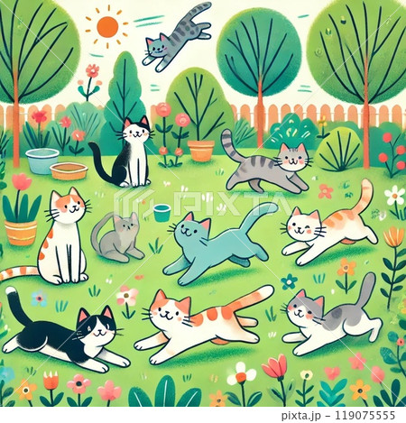 春の森の中で春を満喫する猫のイラスト 119075555