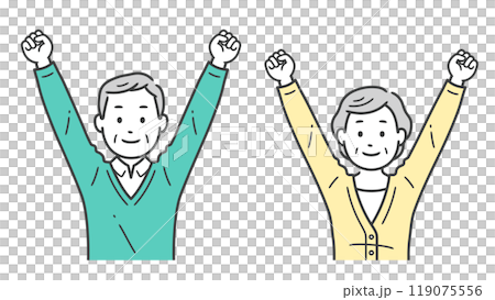 Upper body illustration of an elderly man and woman making a fist pump with both hands 119075556